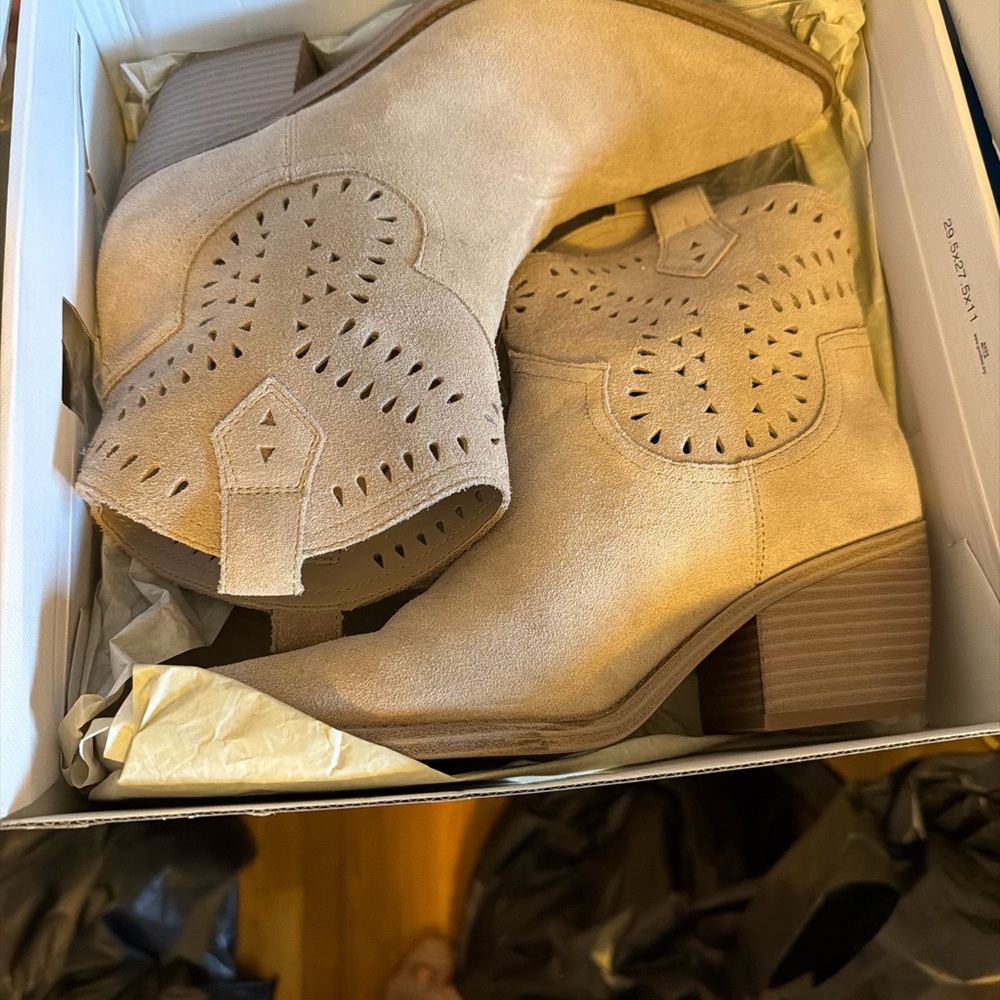 Beige Suede Cutout Ankle Booties with Stacked Heel